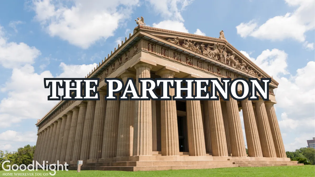 The iconic Parthenon structure in Nashville's Centennial Park, with its grand columns and detailed sculptures on the roof. The setting sun bathes the scene in warm light, inviting visitors to take photos and explore the park's cultural offerings.